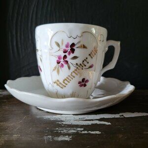 Antique Mustache Cup and Saucer "Remember Me" Flowers, Germany Mustache Mug
